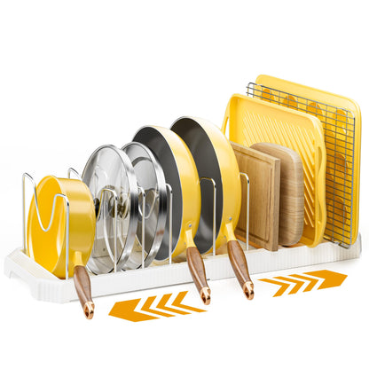 Mudeela Pot Lid Organizer Rack for Cabinet, Expandable Pots and Pans Organizer under Cabinet with 10 Adjustable Dividers, Pan Organizers Holder inside Cabinet for Plates, Cutting Boards, Baking Sheets