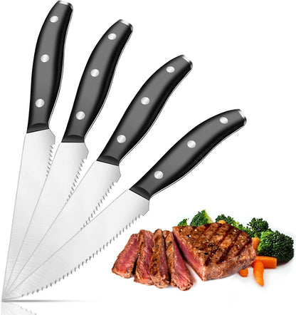 UniqueFire Steak Knife Set of 4, 4.6" Durable German Stainless Steel Serrated Dinner Knives, Dishwasher Safe