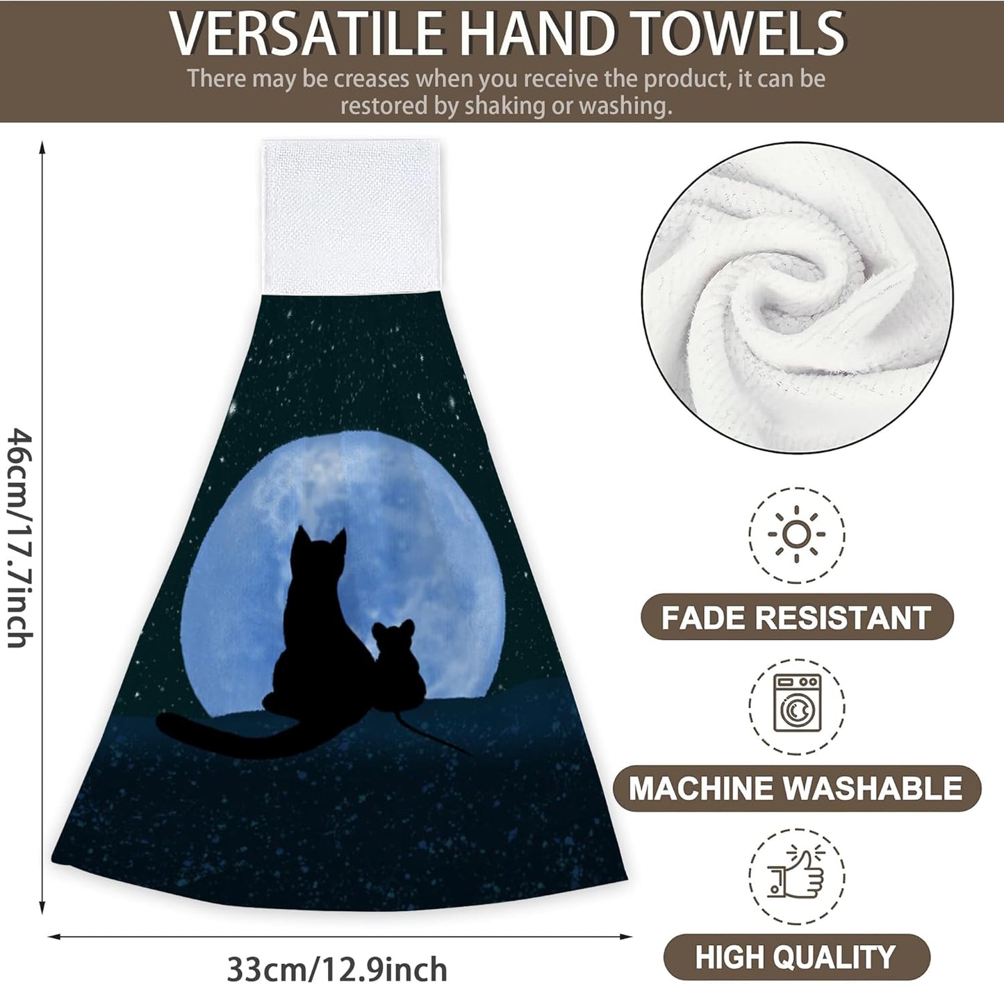 2 12x17 Halloween Decorations Cat Moon Starry Sky Hand Towels Hanging Kitchen Dish Towel with Loop PCS, Soft Super