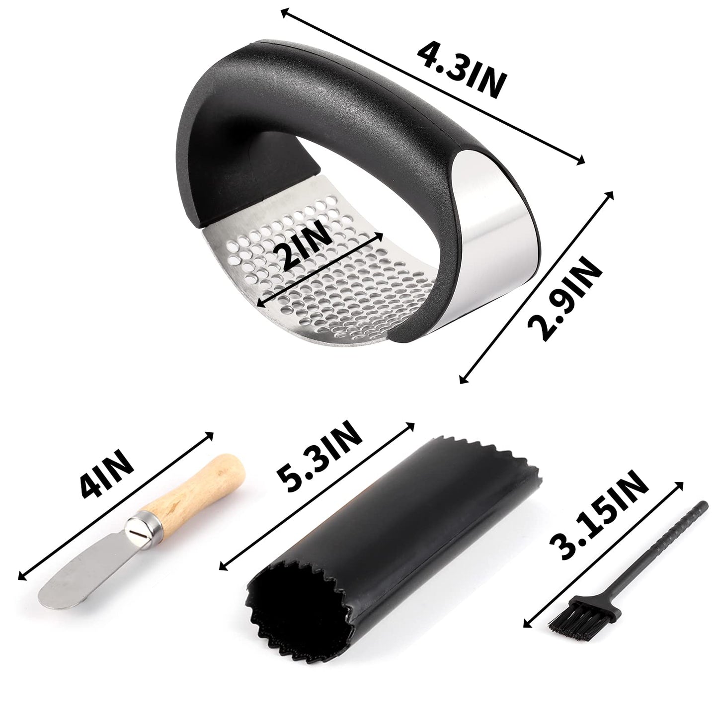 2 Pack Garlic Press Rocker, Stainless Steel Garlic Mincer with 2 Peelers, 2 Scrapers and 2 Brushes | Garlic Crusher Garlic Chopper for Smashing Garlic