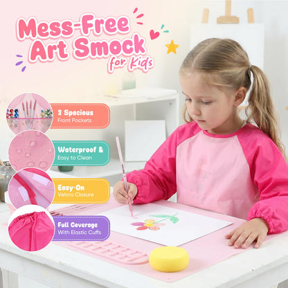 Zimuvora Silicone Painting Mat Set, Paint Mats for Kids with Foldable Silicone Cup, 4 Detail Paint Brushes, 2 Sponge Pads, Apron & Mixing Tool, Washable Art Table Mat (Pink)