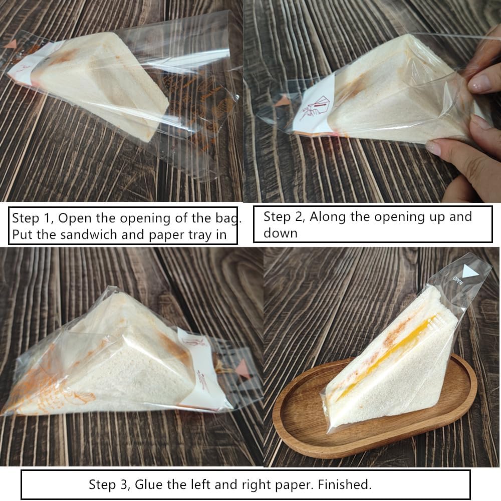 Plastic Sandwich Bags Packaging Container, Clear Triangle Bakery Wrappers for Sandwiches,Easy to Tear (100 Pack)