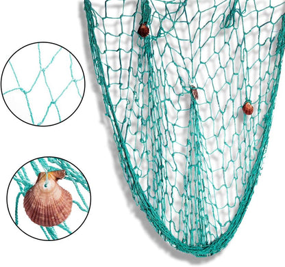 Rosoz Nature Fish Net Wall Decoration with Shells, Ocean Themed Hangings for Pirate Party, Wedding, Photographing (Aqua)