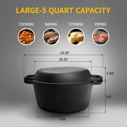EDGING CASTING 2-in-1 Pre-Seasoned Cast Iron Dutch Oven Pot with Skillet Lid Cooking Pan, Cast Iron Skillet Cookware Pan Set with Dual Handles, Indoor Outdoor for Bread/Frying/Baking/Camping/BBQ, 5 Qt