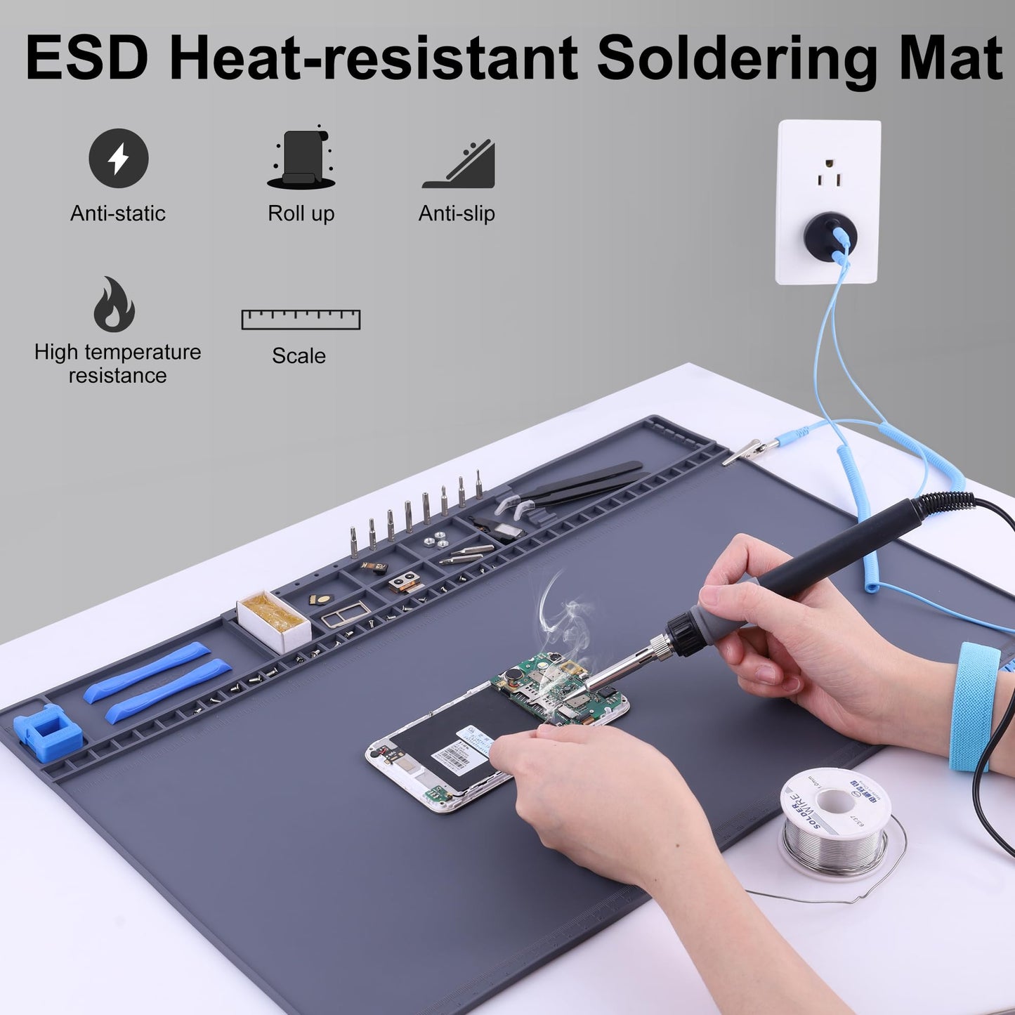 Premium Heat Resistant 932°F 20.7" x 13.4" Magnetic Anti-Static Mat with Grounding Accessories, HPFIX ESD Safe Electronics Work Mat for Computer Cell Phone Laptop Repair