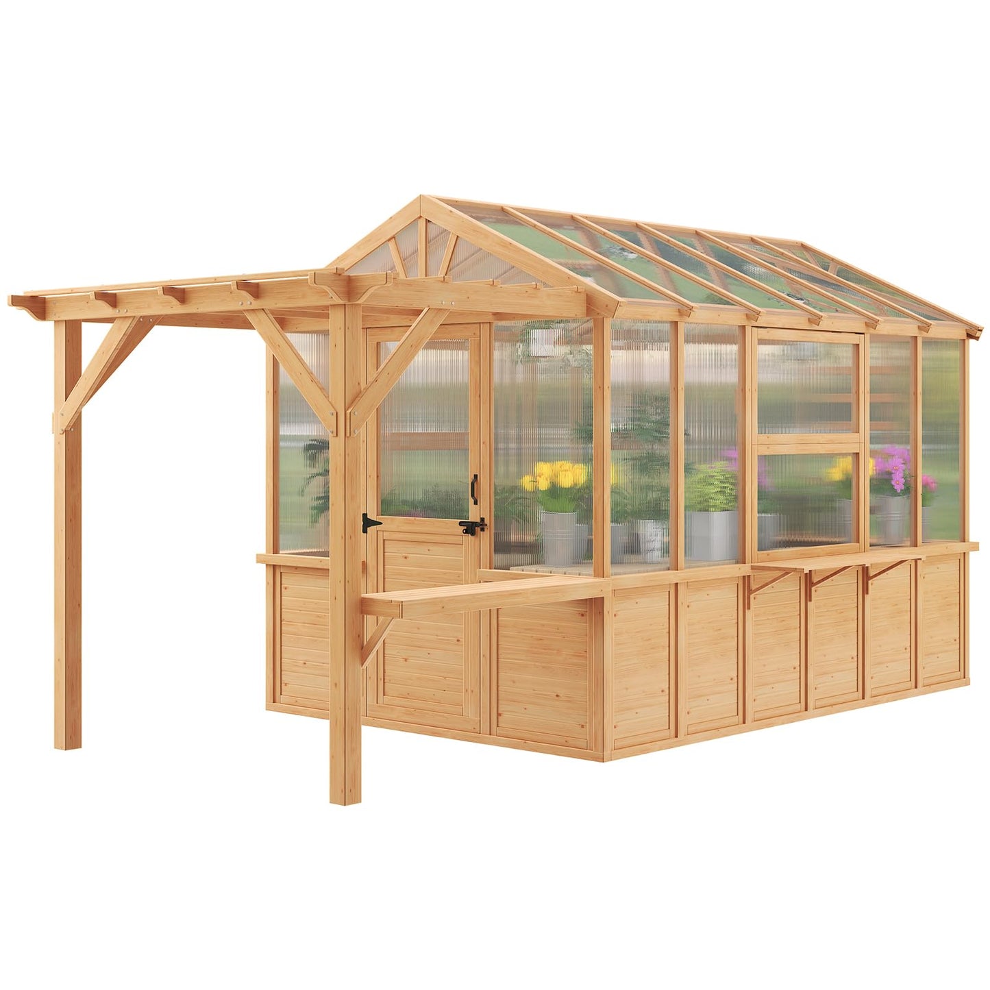 EROMMY 7x16 FT Spruce Wood Greenhouse with Pergola, Large Walk-in Polycarbonate Greenhouse Kit with Top-Hung Windows, Built-in Workstation and Staging Shelves for Backyard Garden