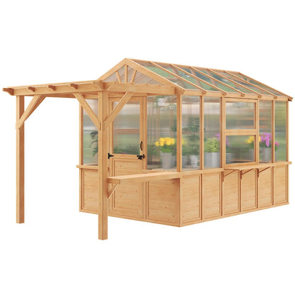 EROMMY 7x16 FT Spruce Wood Greenhouse with Pergola, Large Walk-in Polycarbonate Greenhouse Kit with Top-Hung Windows, Built-in Workstation and Staging Shelves for Backyard Garden