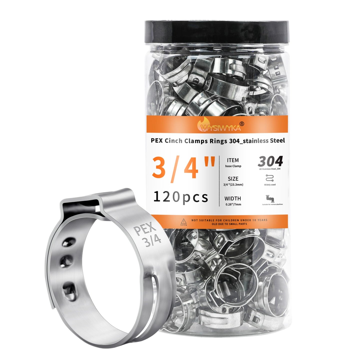 WYSIWYKA 120pcs 3/4 inch PEX Cinch Clamps Rings, 304 Stainless Steel Single Ear Hose Clamps, Pex Crimp Rings for PEX Tubing Pipe Fitting Connections