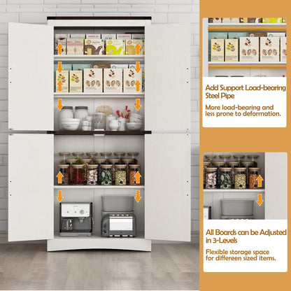 Hlivelood 71" Tall Kitchen Pantry,Farmhouse Storage Cabinet with Adjustable Shelves,Load-Bearing Steel Pipe,Farmhouse Pantry Cabinet with 4 Barn Doors,for Kitchen,Dining Room,Living Room(Rustic White)