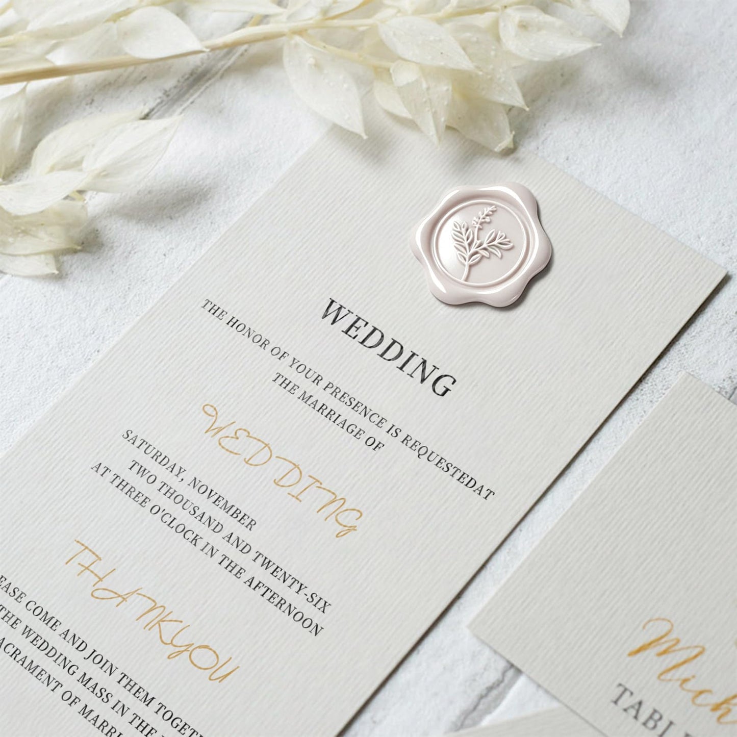Pollize 50PCS Champagne Wax Seal Stickers 5 in 1, Wedding Envelope Seal Stickers, Self-Adhesive 3D Leaf Design Wax Seals for Invitation, Gift Wrapping, Graduation Party (Leaf Styles)