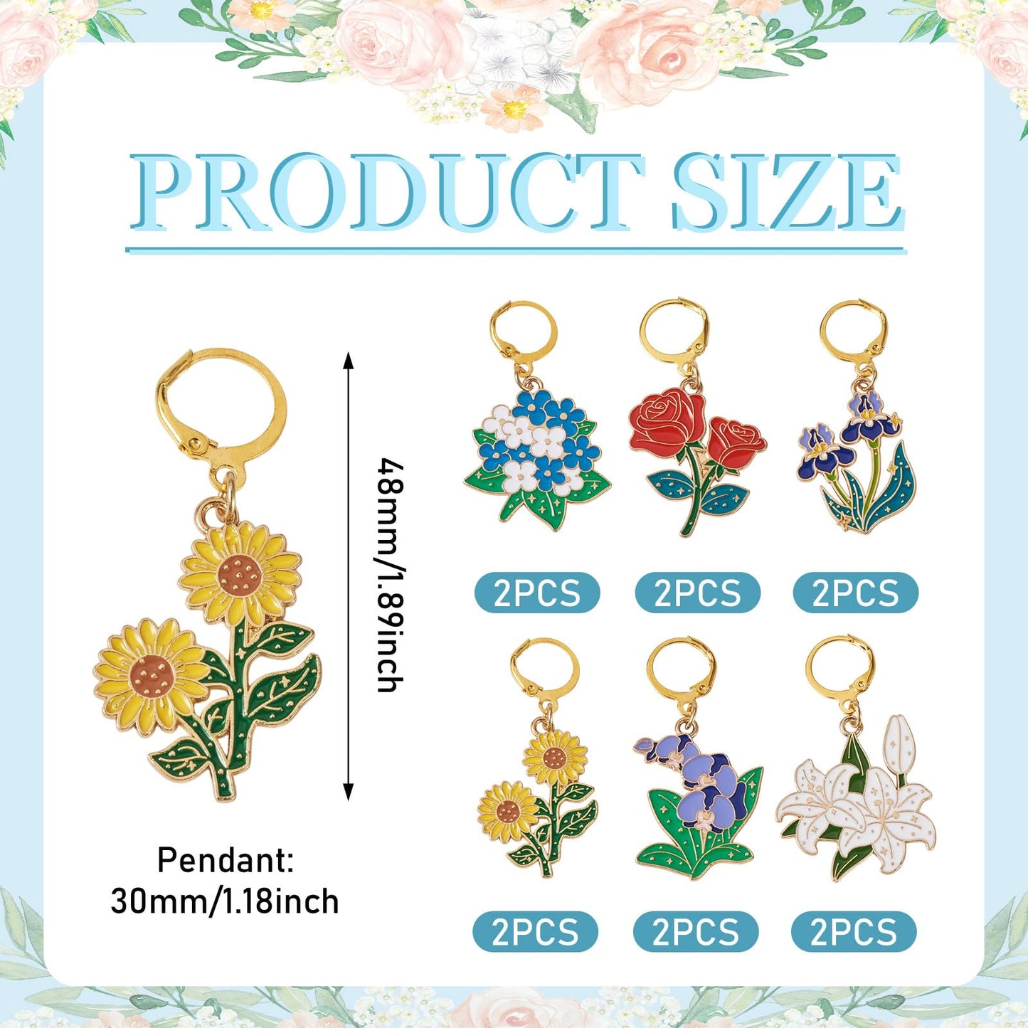 Magibeads 12Pcs Crochet Stitch Markers Alloy Enamel Flower Pendants with Brass Clasps Golden Flower Charms Stitch Markers for Crocheting Knitting Notions Sewing Knit Zipper Pull DIY Supplies