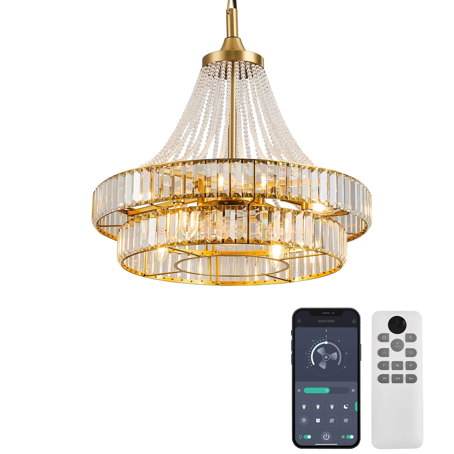 LVYEAYOU 24“ Modern Crystal Chandelier Ceiling Fan with Lights, Remote & App Control, 6-Speed Reversible Large Fandelier, Double Layer Design for Bedroom, Living Room (Luxury Gold)