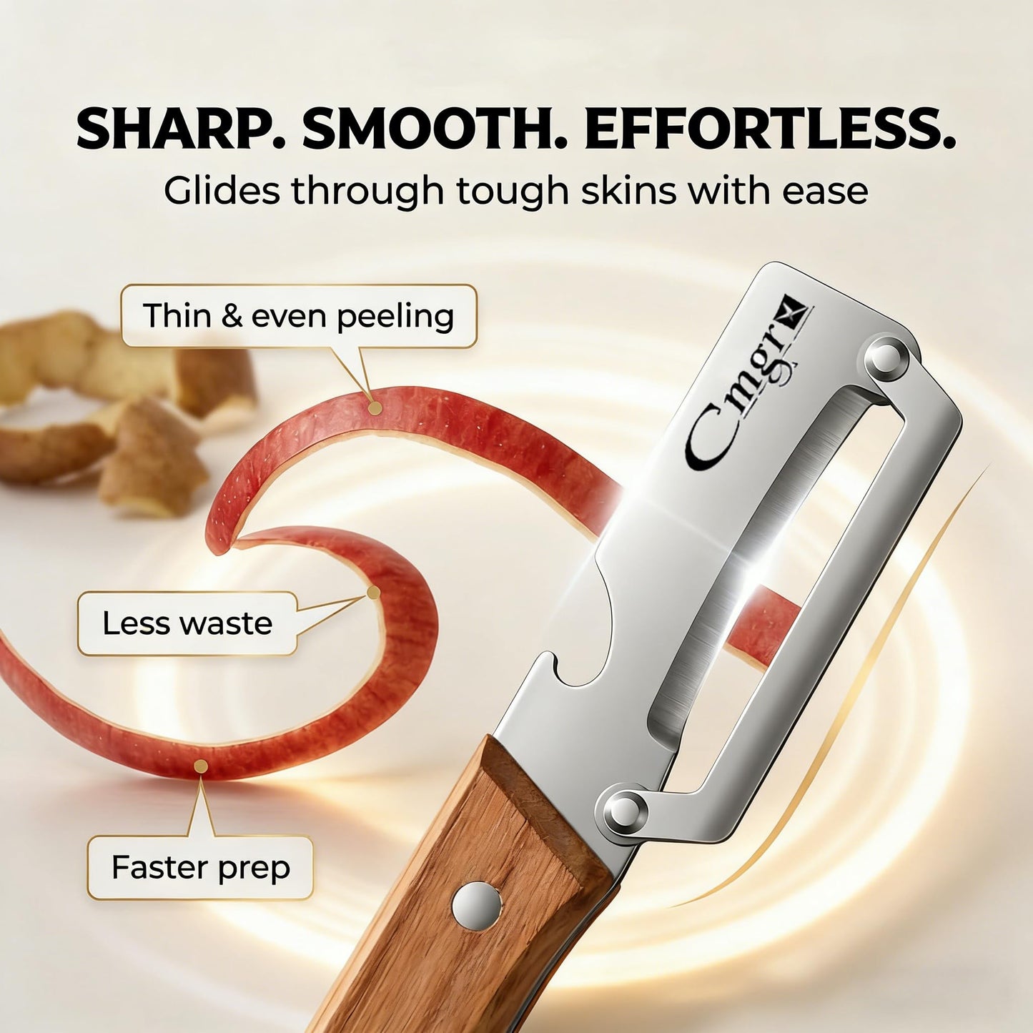 Vegetable Peeler, Multifunctional Stainless Steel Potato & Fruit Peeler with Bottle Opener, Wooden Handle Kitchen Tool, Zero Snag Design