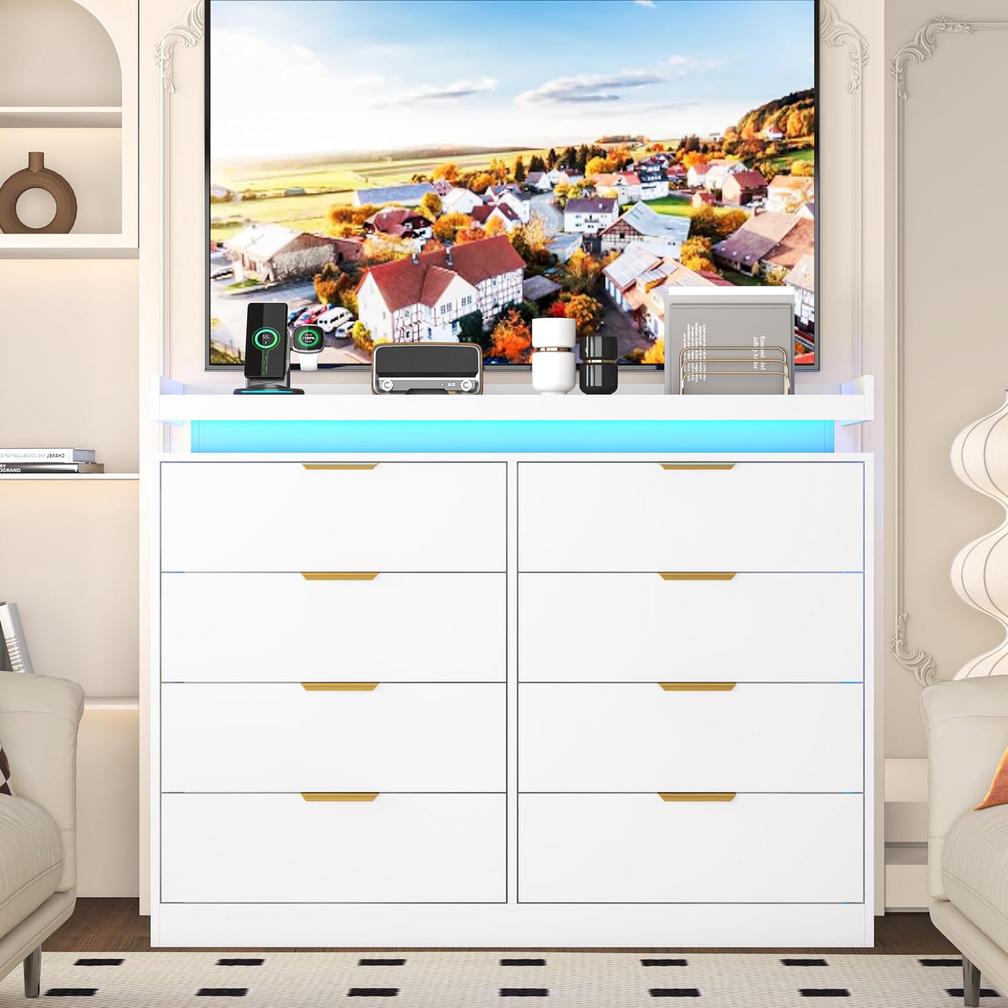 knoworld 8 Drawer Dressers for Bedroom, White Dresser with LED Lights and Power Outlet, Wood LED Dresser, Double Wide Modern Chest of Drawers for Bedroom, Entryway, Hallway