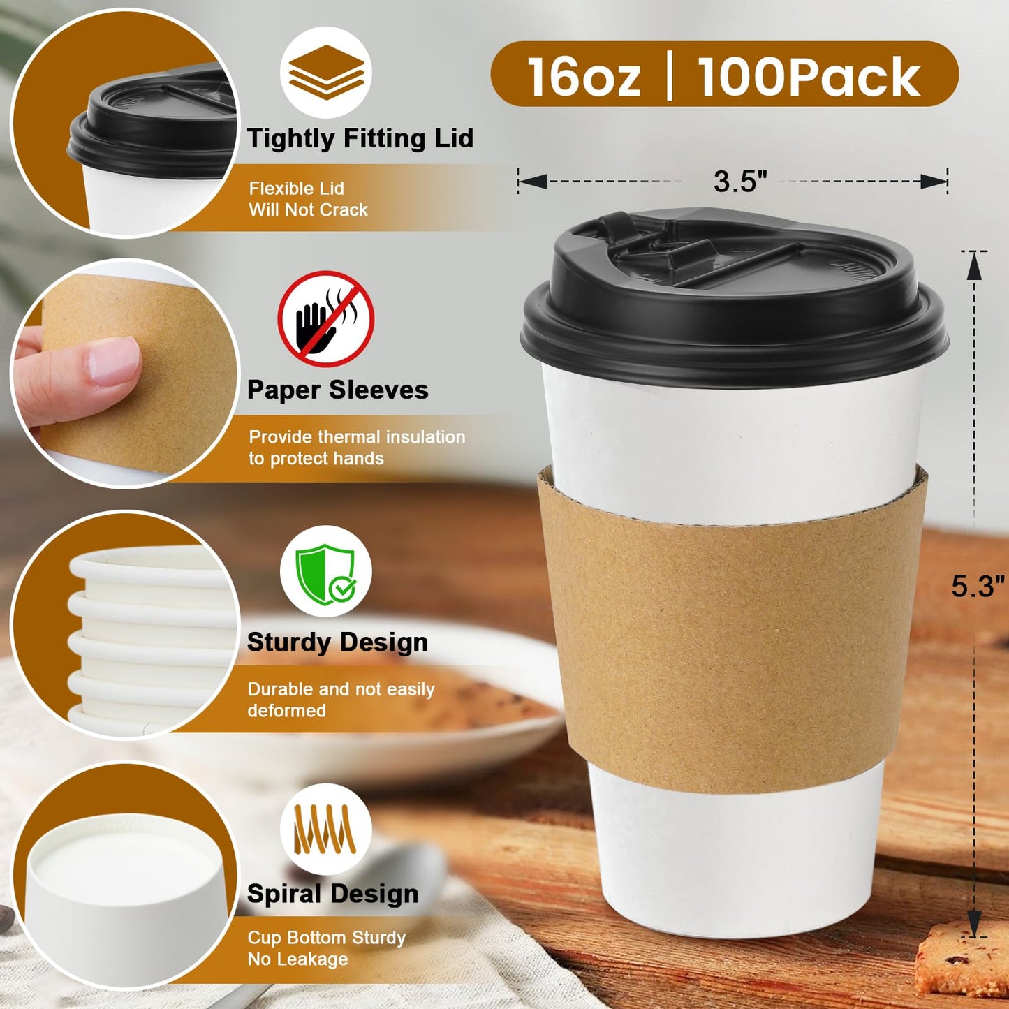 Lamosi 100 Pack 16 oz Disposable Coffee Cups with Lids and Sleeves, Leak-Proof To Go Paper Coffee Cups with Lids, Hot/Cold Beverage White Drinking Cup for Home, Office, Parties, Travel