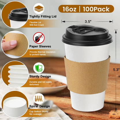 Lamosi 100 Pack 16 oz Disposable Coffee Cups with Lids and Sleeves, Leak-Proof To Go Paper Coffee Cups with Lids, Hot/Cold Beverage White Drinking Cup for Home, Office, Parties, Travel