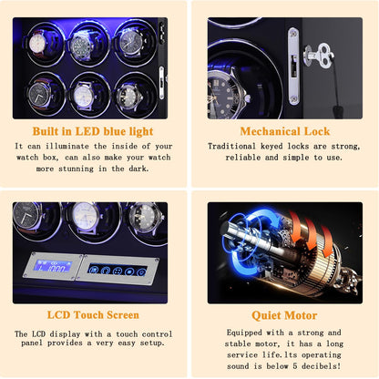 SNEOLTJN Watch Winder for 6 Slots Automatic Watches, Ultra-Quiet Japanese Motors, Built-in LED Illumination and LCD Touchscreen Control