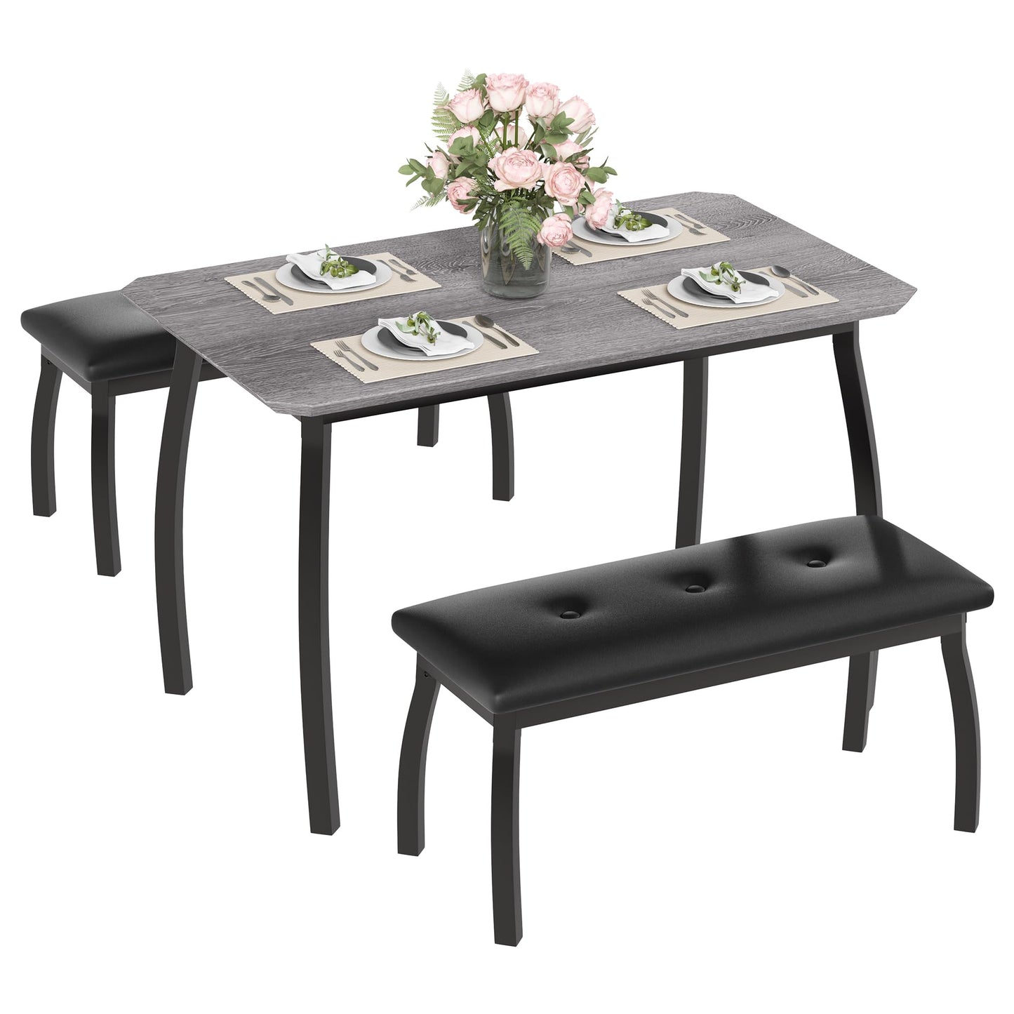 Dining Table for 4, 3-Piece Kitchen Table Set for 4 with Wooden Tabletop and Metal Frame, Industrial Kitchen Table with 2 PU Leather Benches for Bar, Dining Room, Restaurant(43''x28''x30''), Gray