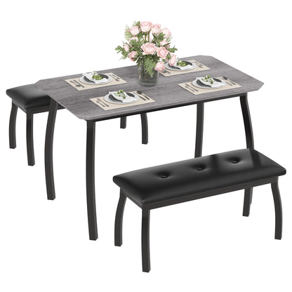 Dining Table for 4, 3-Piece Kitchen Table Set for 4 with Wooden Tabletop and Metal Frame, Industrial Kitchen Table with 2 PU Leather Benches for Bar, Dining Room, Restaurant(43''x28''x30''), Gray