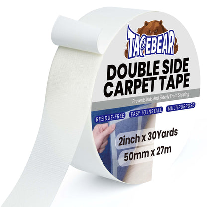TAPEBEAR Carpet Tape Double Sided 2Inch x 30Yards, Heavy Duty Rug Gripper Anti Slip Anti Curling Floor Tape Residue-Free, Two Sided, Removable, Waterproof for Area Rugs, Mats, Strong Hold for Tile