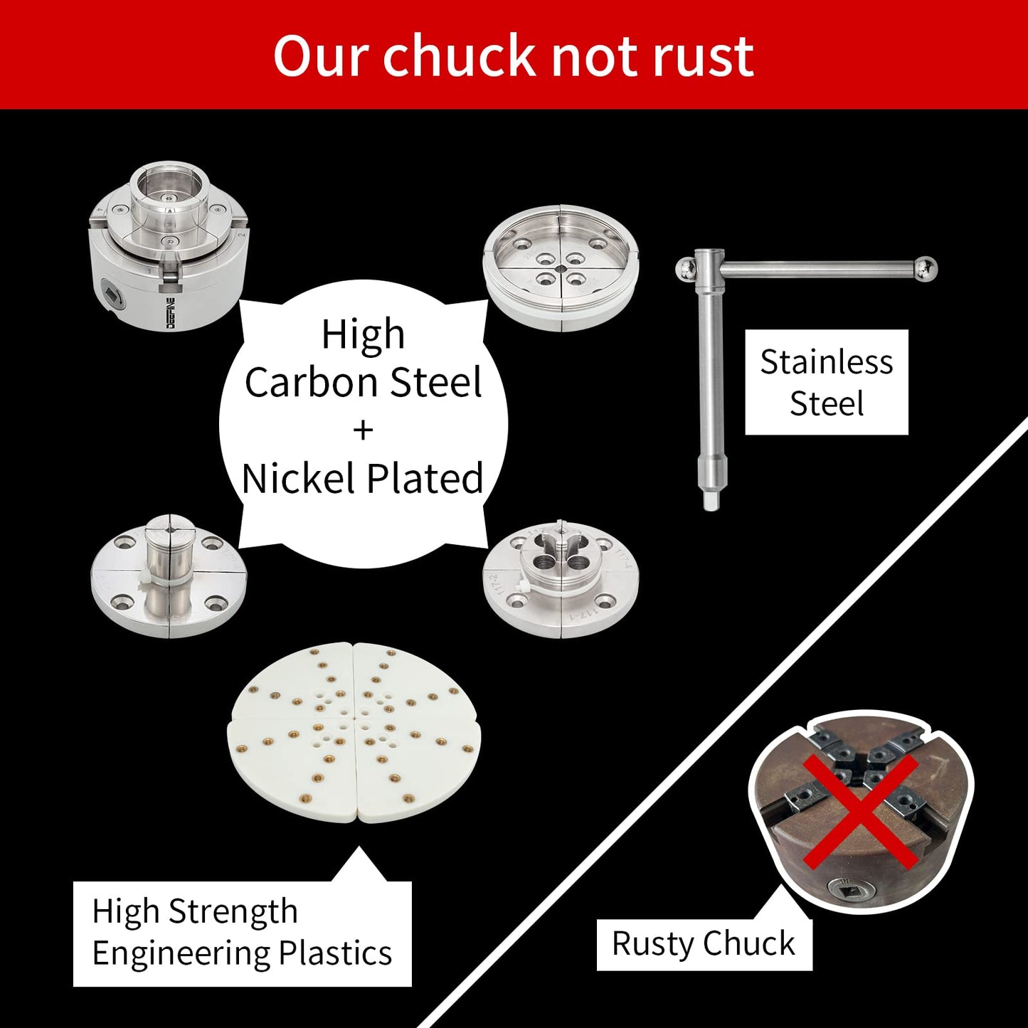 DEEFIINE 4 Inch Wood Lathe Chuck Set 1" x 8 tpi thread, Nickel Plated Self Centering 4 Jaw Wood Turning Chuck set(5PCS jaws)