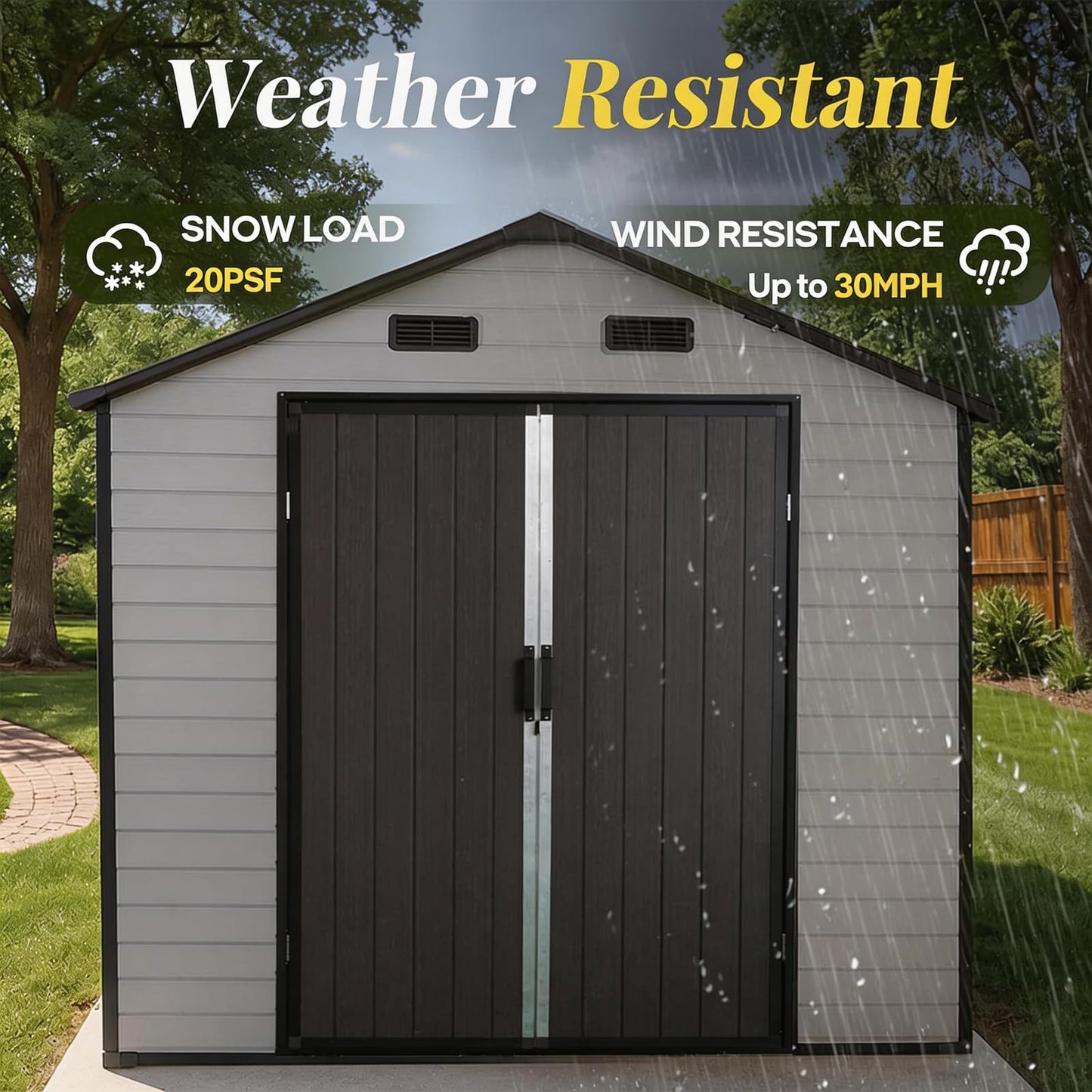 FammyLoft 8x14 FT Resin Storage Shed with Floor, Lockable Outdoor Storage with Vents, 2 Windows, Aluminum Frame for Backyard Garden Patio Lawn, All-Weather Use (Brown+White)