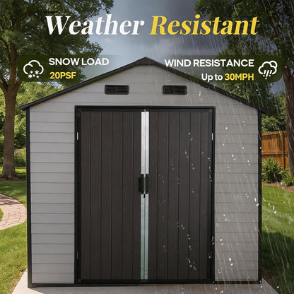 FammyLoft 8x14 FT Resin Storage Shed with Floor, Lockable Outdoor Storage with Vents, 2 Windows, Aluminum Frame for Backyard Garden Patio Lawn, All-Weather Use (Brown+White)