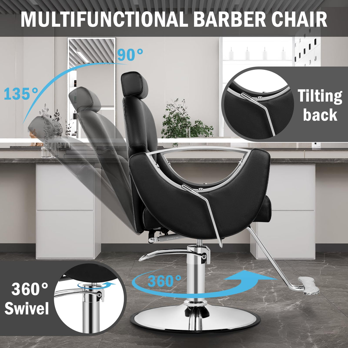 Tythical Reclining Salon Chair for Hair Stylist, Heavy Duty Hair Barber Chair with Adjustable Headrest, 360 Degree Swivel Beauty Spa Equipment Max Load 440Lbs, Black Silver