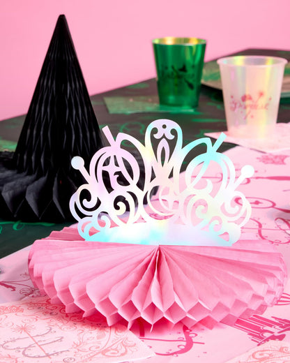 xo, Fetti Witch Party Hanging Decor - Set of 4 | Pink Tiara + Black Hat | Iridescent Centerpieces, Magical Birthday Decorations, 3D Tabletop Setting