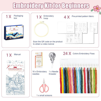 spicssa Beginner Embroidery Stitch Book Kit, Embroidery Kit for Beginners Adults with Video Tutorials, 79 Essential Embroidery Stitches Patterns, DIY Your Stitch Book