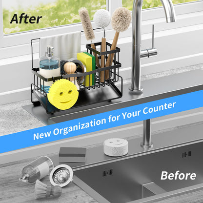 Adurei Sponge Holder for Kitchen Sink 304 Stainless Steel Self-Draining Sink Caddy with Smiley Face Sponge and Brush Holder Towel Bar and Divider Kitchen Gadgets Organizer for Countertop, Black