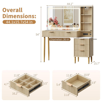 CuisinSmart Makeup Vanity Desk with Lights, Fluted Wooden Dressing Table with 5 Drawers and Adjustable Shelves, Makeup Vanity Table Modern Glass Top with Charging Station for Bedroom (Oak)