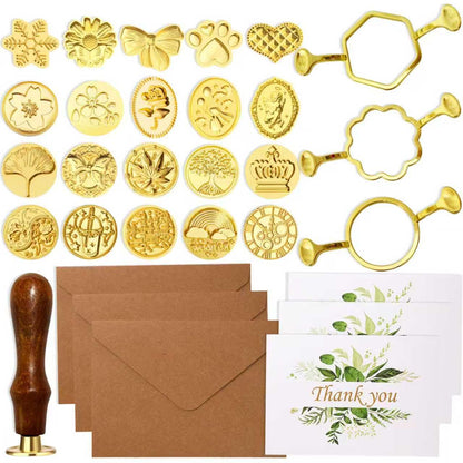30Pcs Wax Seal Stamp Kit,Vintage Classic Sealing Wax Stamp Heads with Wooden Handle & Metal Wax Seal Molds, with Envelope Greeting Card, for Gift Wrapping,Wedding, Party Invitations & Wine Packaging