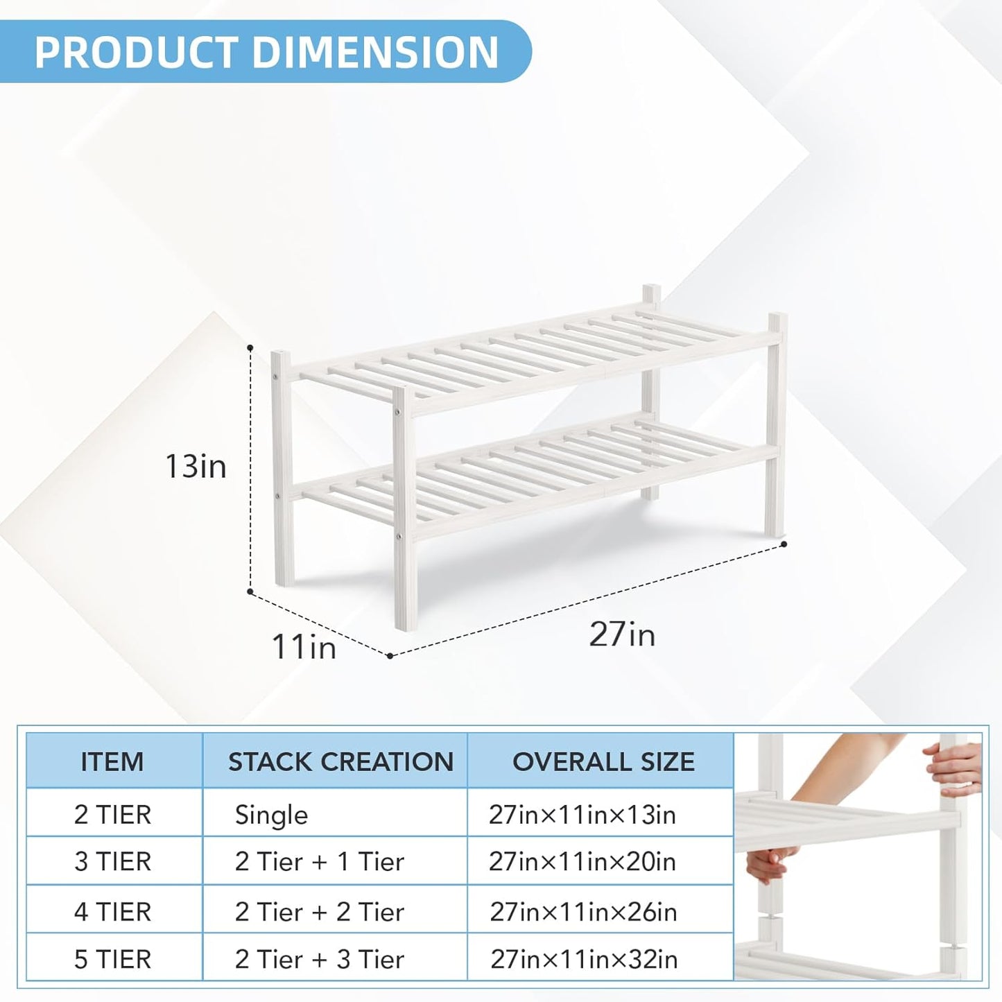 2 Closet, Bathroom27 x11 x13 2 Tier Bamboo Shoe Rack Storage Organizer for Multifunctional Stackable Free Standing Shoe