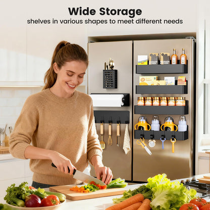 Mystozer Magnetic Spice Rack for Refrigerator,7 Pack Magnetic Shelf,Fridge Magnet Organizer with Paper Towel Holder,Utensils Racks,Hook Rack,Fridge Organizers and Storage Black(7 Pack)