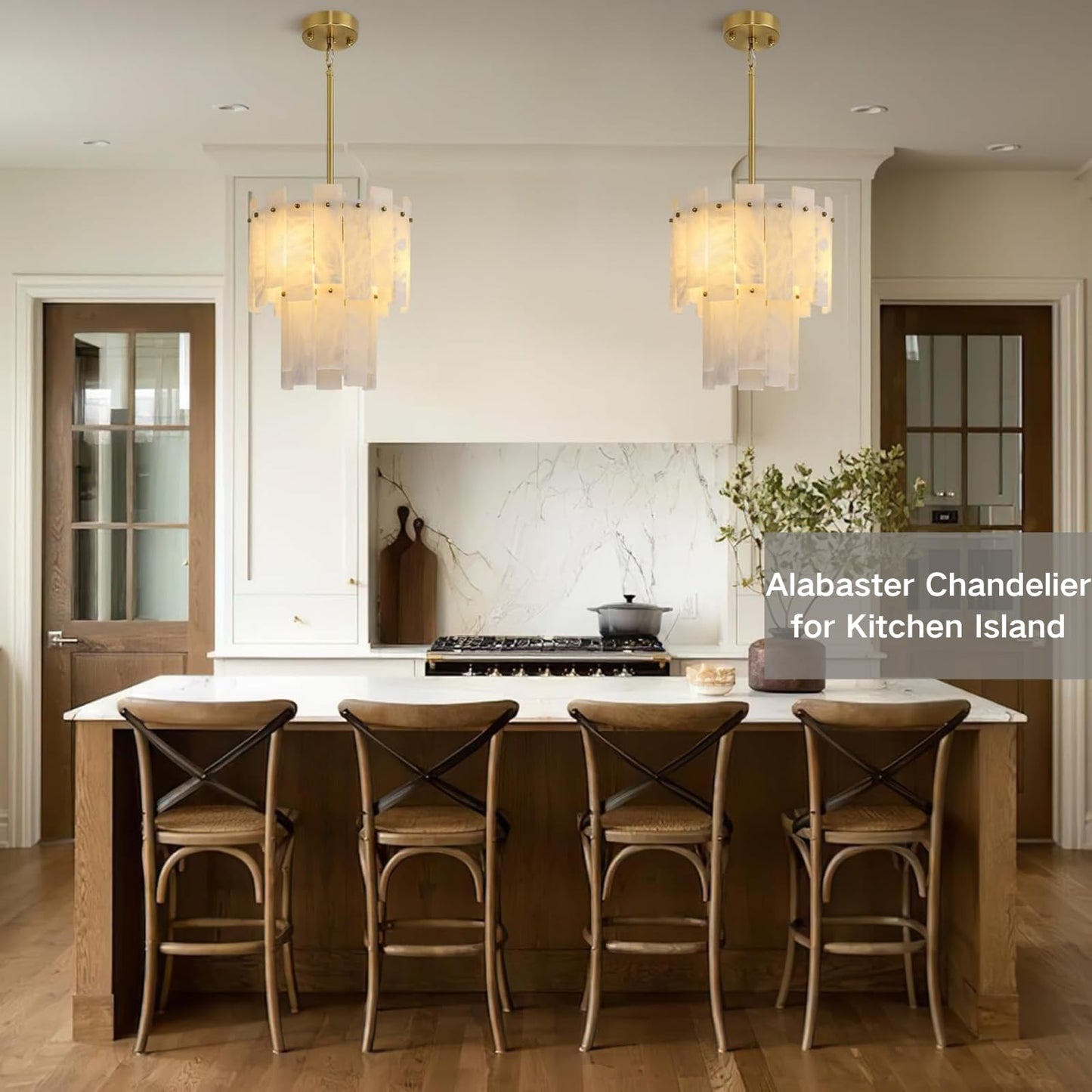 PIOUTNF Alabaster Round Chandelier, 2-Tier Spanish Alabaster Chandeliers, Warm White, 13" Modern Small Gold Marble Pendant Chandeliers for Foyer, Kitchen Island, Dining Room, Bedroom