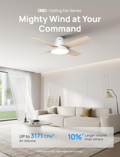 DREO Smart Ceiling Fan - 12 Speeds & 3 Modes - Quiet DC Motor, Dimmable LED, Remote Control - 44'' White