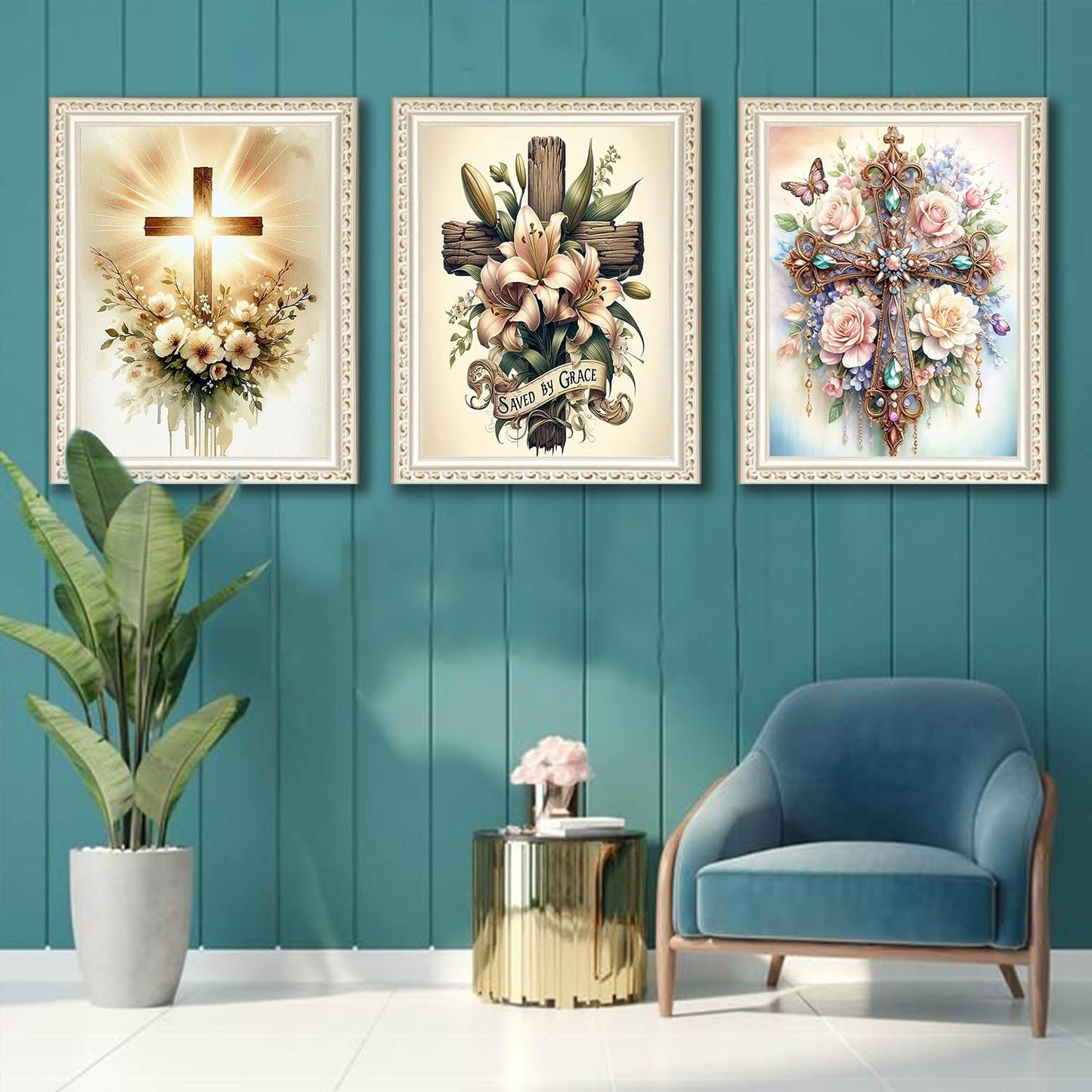 EIBEILI 3 Pack Cross Diamond Art Kits for Adults - 5D Diamond Paintings for Beginner,DIY Flowers Round Full Drill Dots Pictures Gem Art Painting Kits for Home Wall Decor 12x16inch
