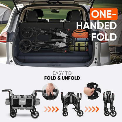 Sekey 4 Seater Stroller Wagon for Kids - Premium Quality with Convertible Seats, Adjustable Push Handles, Removable Canopy, Snack Tray & Cooler, US Certified.