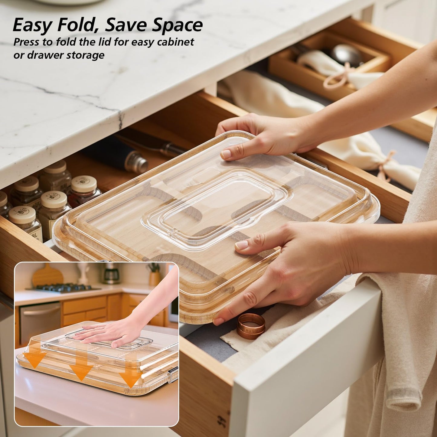 Charcuterie Boards with Foldable Lid, Portable Bamboo Cheese Board with 6 Compartments, Clear Locking Lid and Handle, Easy to Store, Suitable for Picnics, Camping, Parties & Housewarming Gifts