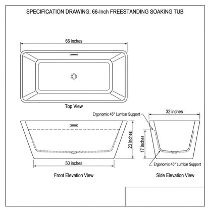 66" Acrylic Freestanding Soaking Bathtub, Matte Drain & Black Overflow, Modern Design Tub for Home Bathroom Renovations, Glossy White