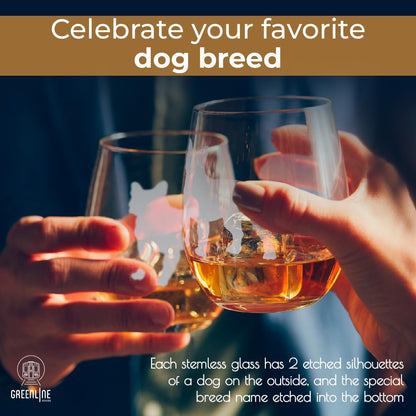 Greenline Goods French Bulldog Stemless Wine Glasses - Hand Etched 2-Sided Silhouette with Breed Name for Dog Lovers