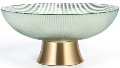 Round Glass Decorative Bowl (Green), 9.8 Inches Handblown Striped Design Glass Bowl with Rust Resistant Metal Base,Decor Fruit Bowl for Home Decor,Table Centerpiece,Kitchen Island and Dining Decor