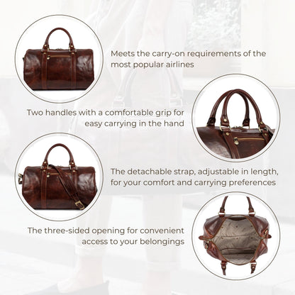 Time Resistance Full Grain Leather Small Duffel Bag - Gym Weekender Overnight Bag (Brown)
