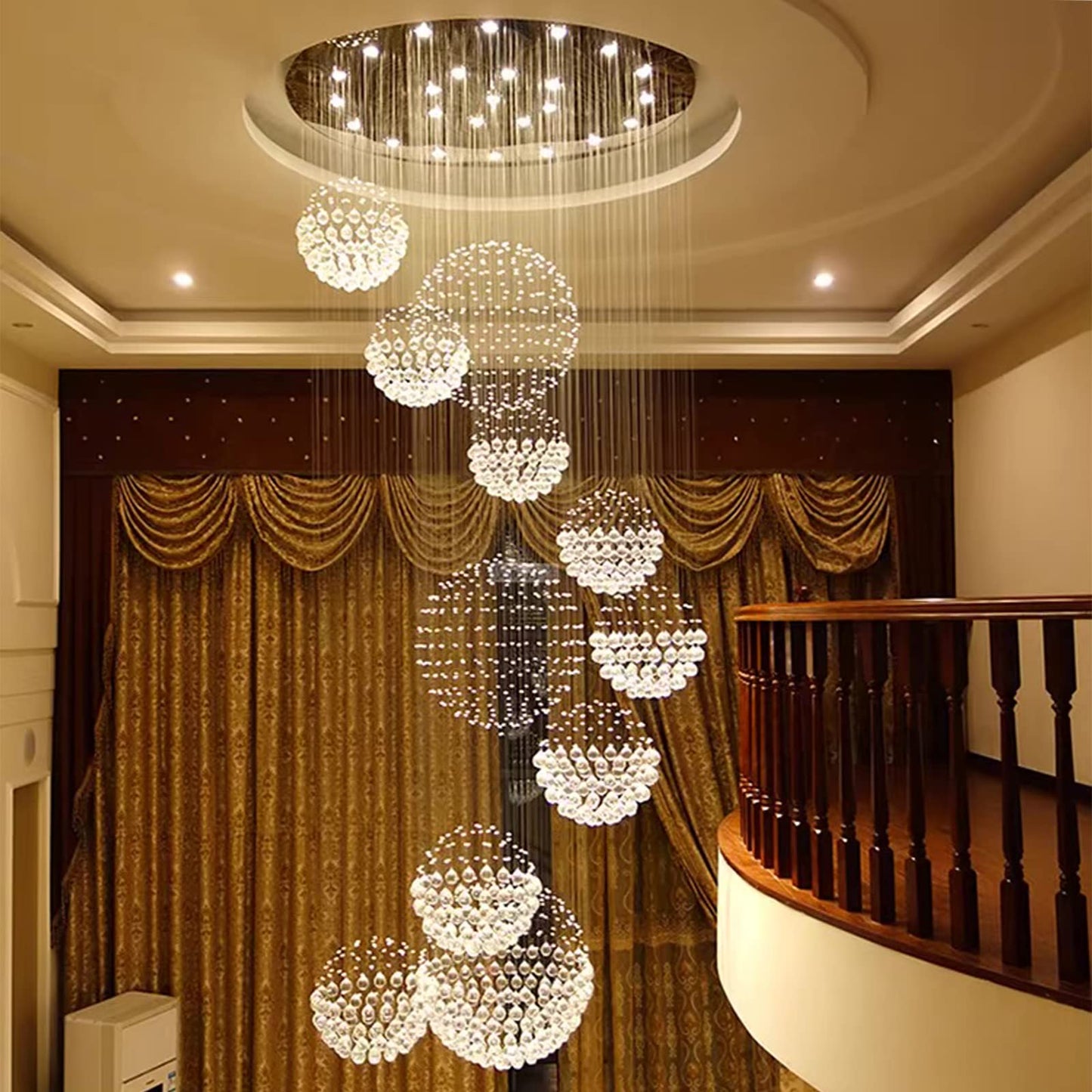 Siljoy Modern Foyer Chandeliers for High Ceiling, Large Staircase Chandelier with Spiral Sphere Design, Raindrop Crystal Chandelier Flush Mount Ceiling Light for Entryway Living Room W31.5 X H110