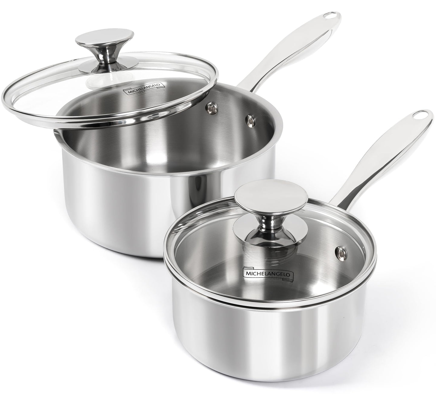 MICHELANGELO 1Qt & 2Qt Tri-ply Stainless Steel Saucepan Set, Small Cooking Pots with Tempered Glass Lids, Induction Ready, Oven & Dishwasher Safe, Multipurpose Sauce Pans for Home Kitchen & Restaurant