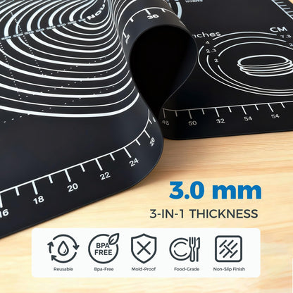 Nauvora Extra Large Baking Mat - 26" Silicone Pastry Mat, Reusable Non-Stick Dough Mat with Measurement for Fondant, Rolling Dough, Pie Crust, Pizza and Cookies, Black