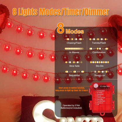 LAMPHOME Valentine's Day String Lights, 16.1 FT 50 LED Heart Red String Light, Romantic Fairy Lights Battery Operated Timer, Valentine Decor for Indoor Outdoor Wedding Anniversary Holiday Party