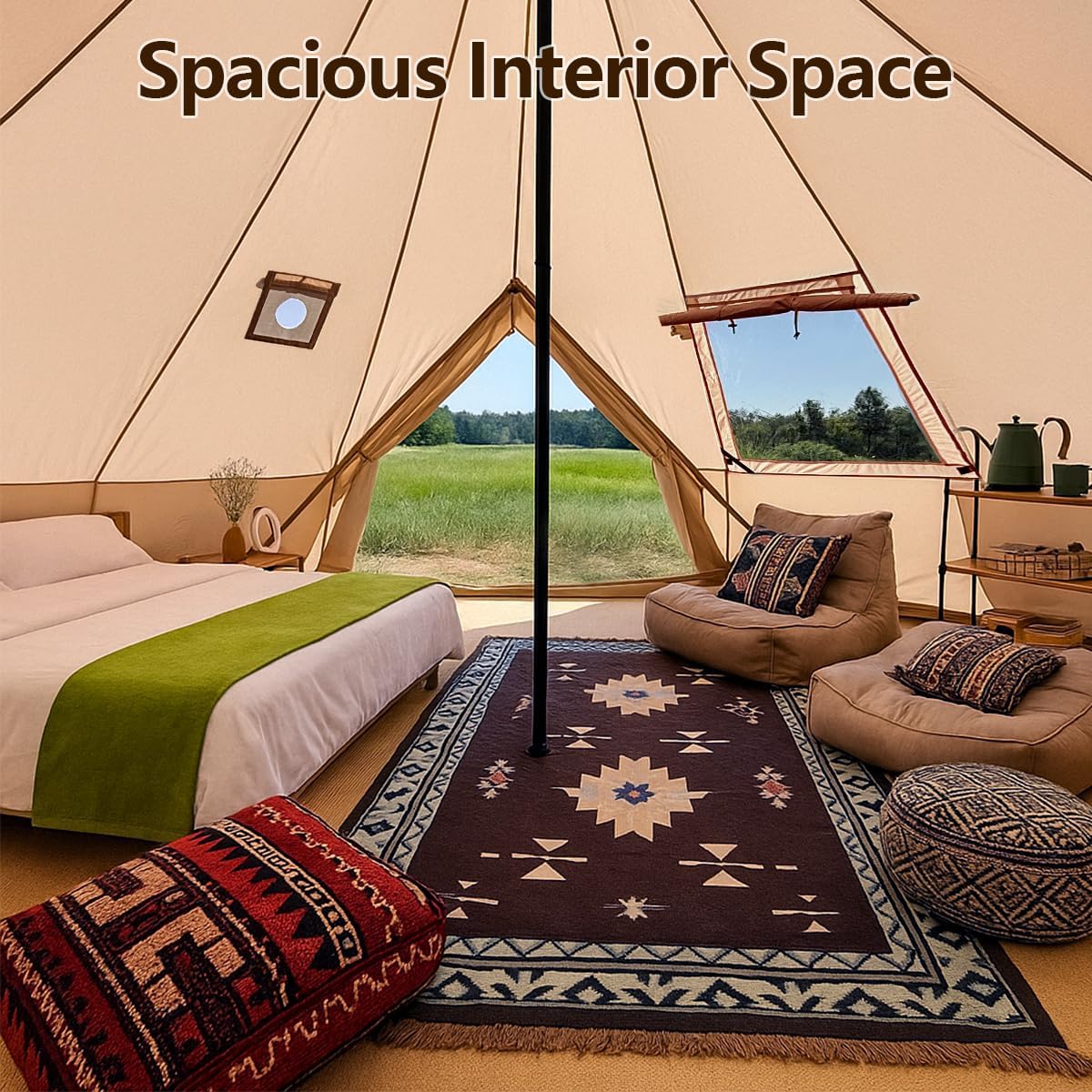 Bell Yurt Tent, Waterproof Luxury 4 Season Hot Tent with Stove Jack/Air Conditioner Vents/2 Skylight for Family Outdoor Camping Oxford Glamping Tents for All Year Living (Beige Oxford 5M Yurt)