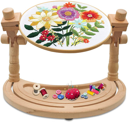 Multifunctional Embroidery Hoop Stand, Rotated Adjustable Embroidery Frame Stand Cross Stitch Stand, Beech Wood Embroidery Hoop Holder for Arts Crafts Sewing Needlework